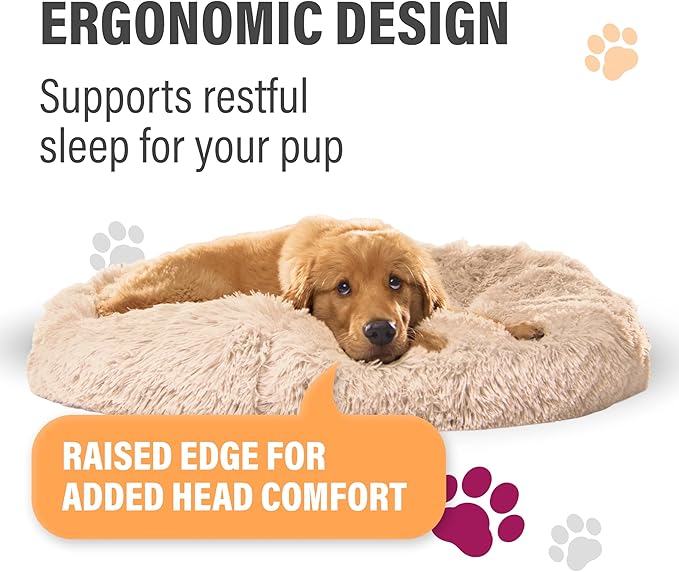 Active Pets Calming Plush Dog Bed Donut Joint Support Anxiety Relief Washable Pet Bed with Removable Cover for Dogs Cats, Large 36", Light Grey