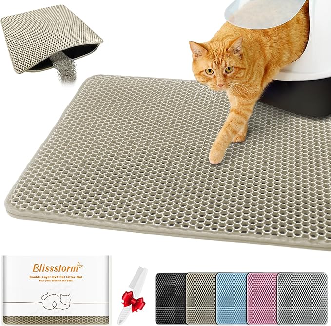 Waterproof Cat Litter Mat, Double Layer EVA, Odor-Free Large Grid, Urine Proof, Easy Cleanup (Khaki, 24 x 35)