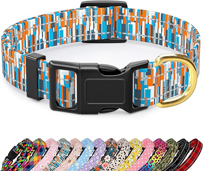 Reflective Dog Collar for Large Dogs, Cute Boho Adjustable Heavy-Duty Nylon Puppy Collar for Boy and Girl Female, Soft Pet Accessories with Quick Release Buckle, Colorful Spliced