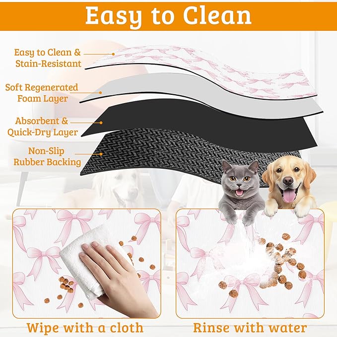 Pet Feeding Mat,Pink Bows Absorbent Dog Cat Food Mat Cute Dog Mat with Rubber Backing,Non-Slip Water Bowl Placemat,Pet Supplies 12" x 20"