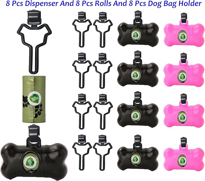 8 Pack Dog Poop Bag Dispenser Include 8 Rolls (120 Bags) Leak-Proof Doggie Pet Waste Bags & 8 Pack Poop Bag Holders(Black+Pink)
