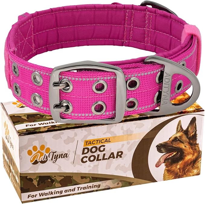 ADITYNA Heavy Duty Dog Collar for Medium Dogs - Reflective Magenta Collar with Handle for Training, and Walking - Wide, Thick, Tactical, Soft Neoprene Padded