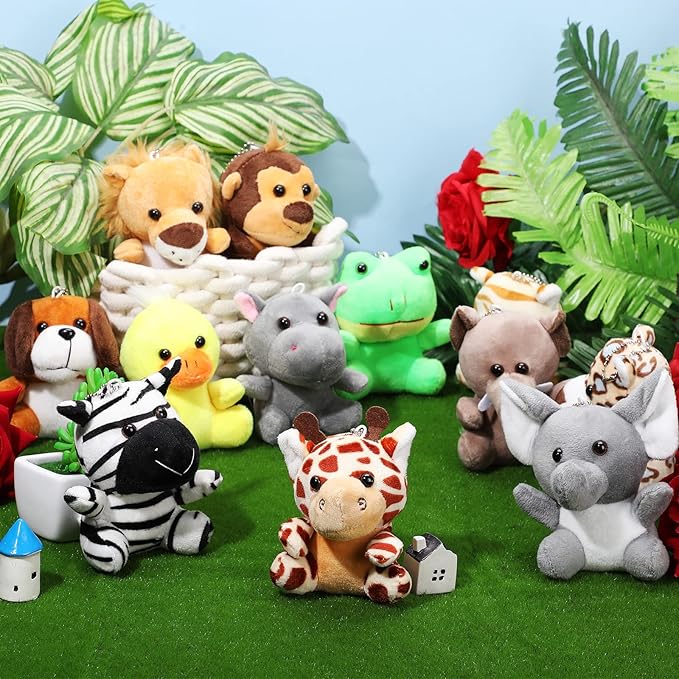 Skylety 12 Pcs Mini Safari Plush Animal Toys 3.9 Inch Cute Forest Animal Toy Deer Tiger Leopard Monkey Elephant Lion Zebra Frog Duck Puppy for Teacher Student Party Classroom Award Prizes