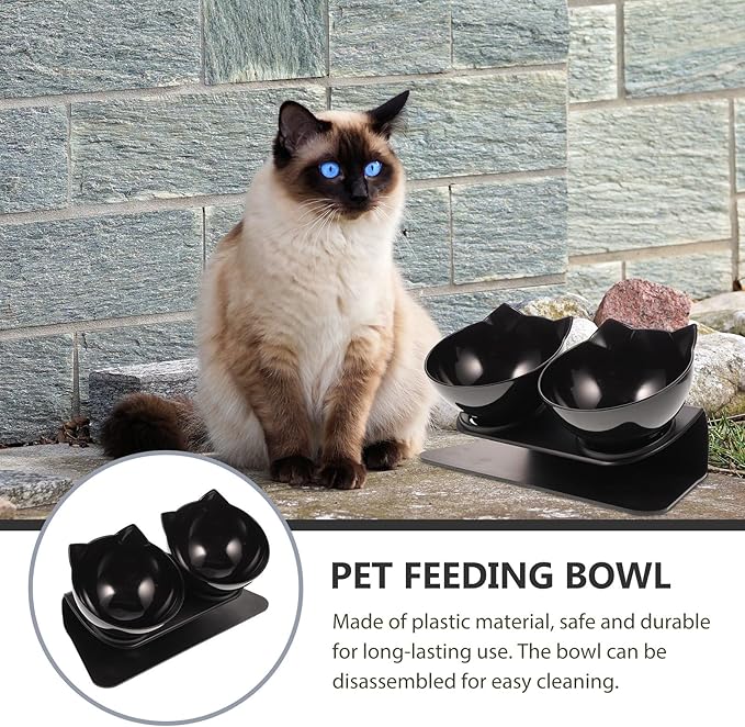 BESPORTBLE Double Raised Dog Feeder Bowl with 15° Neck Guard, Black Plastic Dual Pet Feeding Bowls for Cats and Dogs, Elevated Water and Food Dish for Home Use