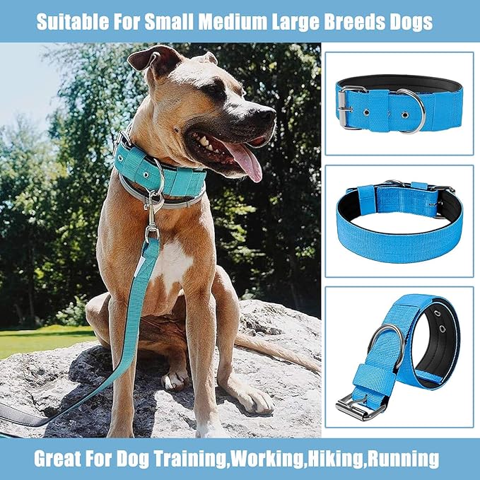 Heavy Duty Tactical Dog Collar - 1.5" Width Military Durable Thick Nylon with Adjustable Metal D Ring & Buckle Working Training K9 Collar for Medium Large Dogs (M(17"-20"), Light Blue)