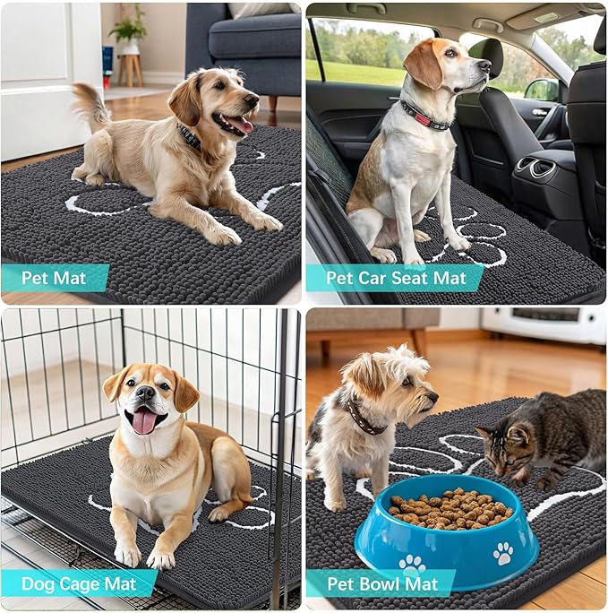 OLANLY Dog Door Mat for Muddy Paws 30x20, Paw Print Design, Absorbs Moisture and Dirt, Absorbent Non-Slip Washable Doormat, Quick Dry Chenille Mud Mat for Dogs, Entry Indoor Entryway Carpet, Dark Grey