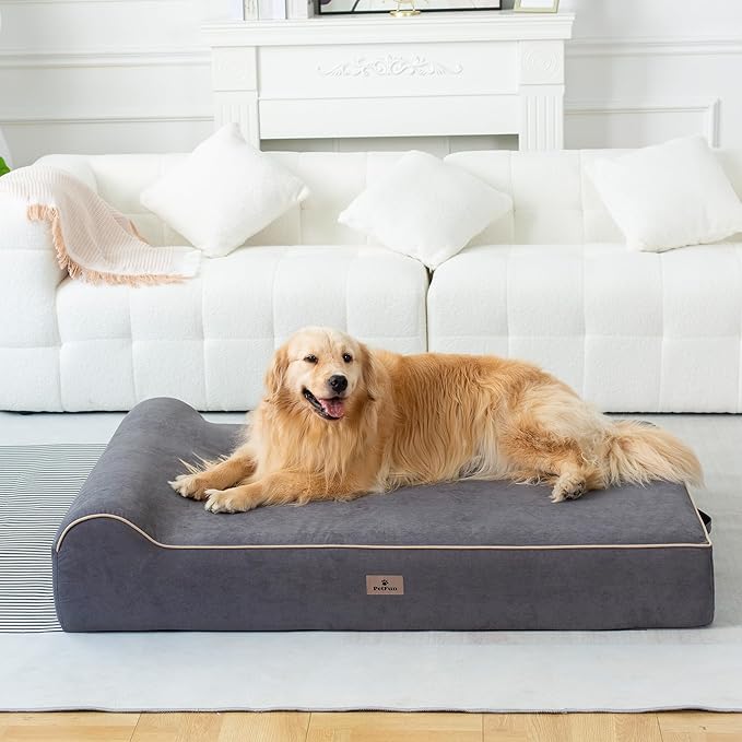 Jumbo Orthopedic Dog Bed for Large Dogs - 7-inch Thick Memory Foam Dog Bed with Pillow Removable Cover Machine Washable (Gray | Suede), 50''L x 34''W x 10''Th I Extra Large