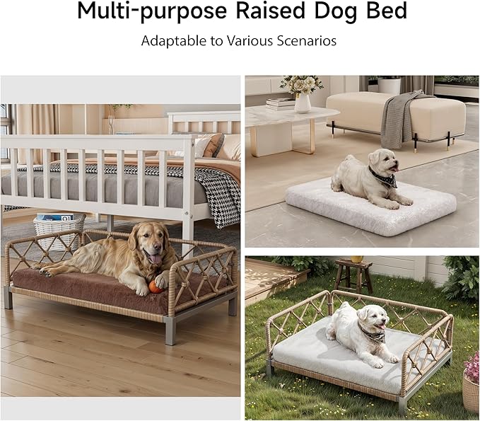 Dog Bed with Cushion, Cooling Elevated Raised Beds with Rattan Breathable Mesh and Universal Mat, Indoor & Outdoor Pet Cots for Small Dog, Sand