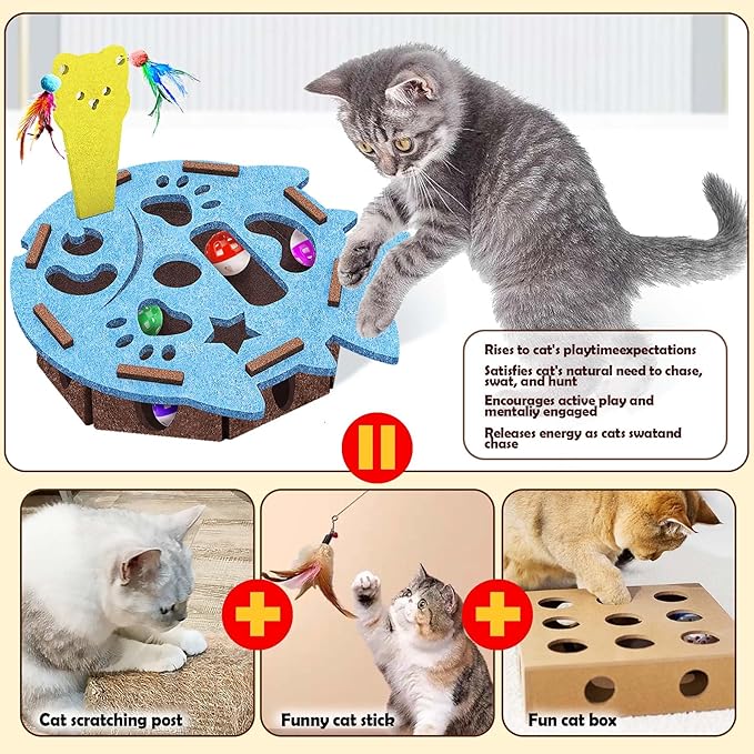Interactive Felt Cat Maze Box with Cartoon Cat-Shaped Post, Fish-Shaped Puzzle ExerciseHide Seek Moving Toy for Cats, Mental Enrichment Self-Play Toy Encourages Hunting Instincts with 4 Balls