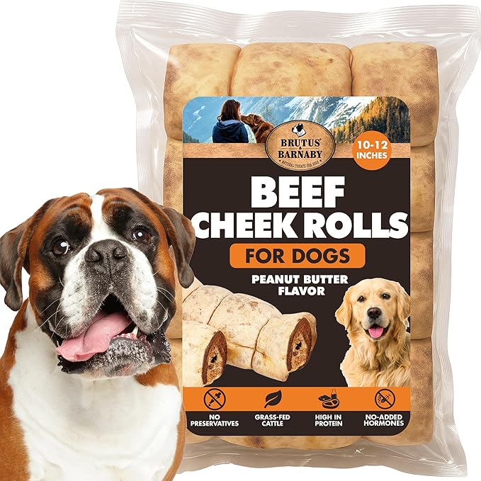 Premium Beef Cheek Rolls for Dogs 10-12" - (5-Pack), Peanut Butter Flavored Long Lasting, Safe & Natural Rawhide Alternative Chews, Ideal for Large Dogs & Aggressive Chewers, Supports Dental Health