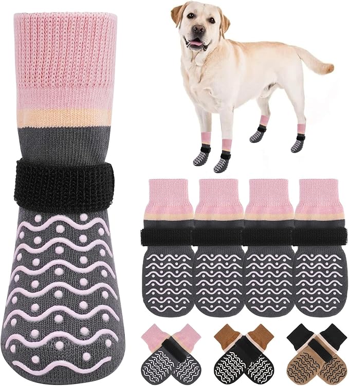 BEAUTYZOO Dog Socks, Non Slip Dog Socks to Prevent Licking Paws -Dog Boots & Paw Protectors with Grippers on Hardwood Floors, Dog Shoes for Hot/Cold Pavement Small Medium Large Senior Dogs Booties