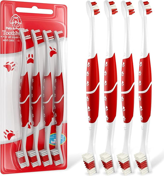 Pet Toothbrush for Dogs, Cats with Soft Bristles - Easy Teeth Cleaning & Dental Care, Non Slip Dual Head Dog Toothbrush for Medium & Large Pets, Toothpaste Not Included, Pack of 4