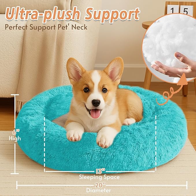 JOLLYVOGUE Calming Small Dog & Cat Bed for Indoor Cats - 20 inches Washable Donut Bed for Kittens & Puppies, Anti-Anxiety Round Fluffy Plush Pet Beds (Fits up to 15 lbs, Aqua Blue)