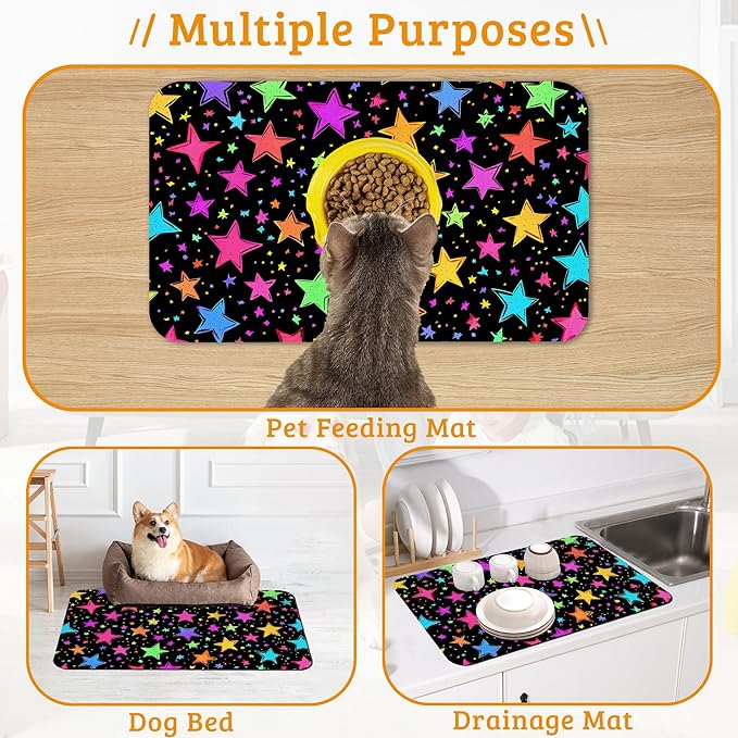 Neon Stars Dog Food Mat,Bright Colorful Absorbent Pet Feeding Mat for Food and Water Bowl,Quick Dry Dog Placemat Non Slip Rubber Backing Waterproof Pet Supplies 16" x 24"