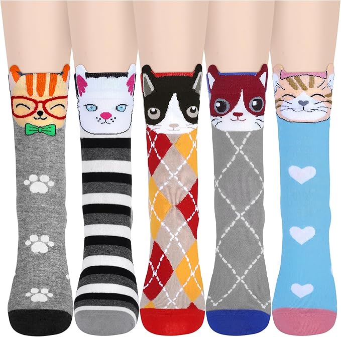 YSense Womens Cute Animal Socks 5 Pairs, Dog Cat Novelty Cartoon Crew Funny Socks Stocking Stuffers Gifts for Women Girl