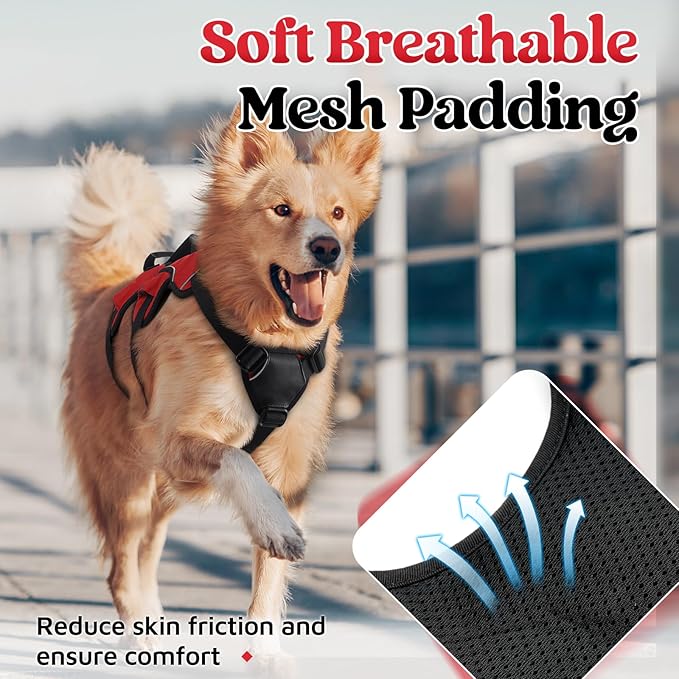 rabbitgoo Escape Proof Dog Harness, Soft Padded Full Body Pet Harness, Reflective Adjustable No Pull Vest with Lift Handle and Leash Clip for Large Dogs Walking Hiking Training, XL, Red