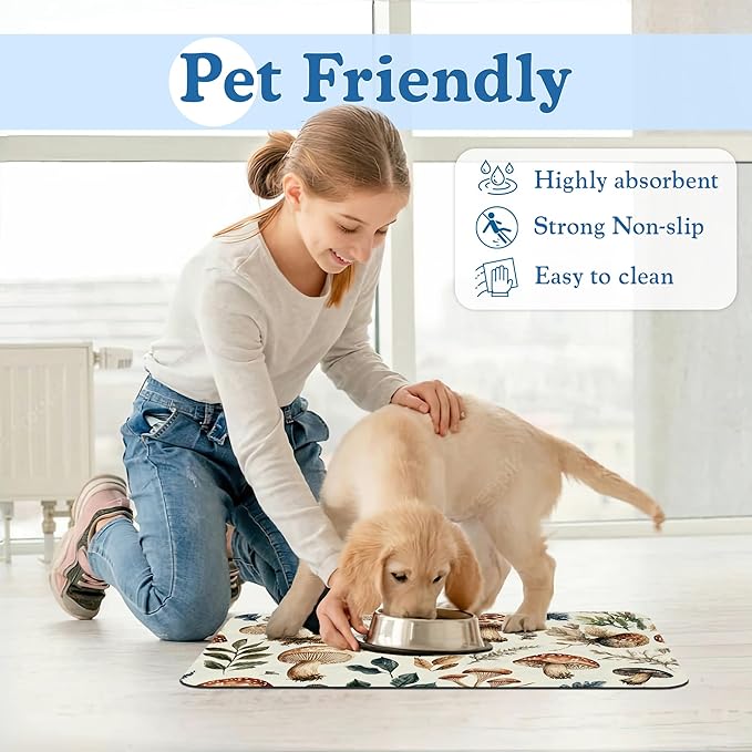 Vintage Mushroom Floral Dog Cat Food Mat–Christmas Stocking Absorbent Waterproof Placemat for Food and Water Bowls, Non Slip Rubber Backing, Feeding Mat for Clean Floors 16"x24"