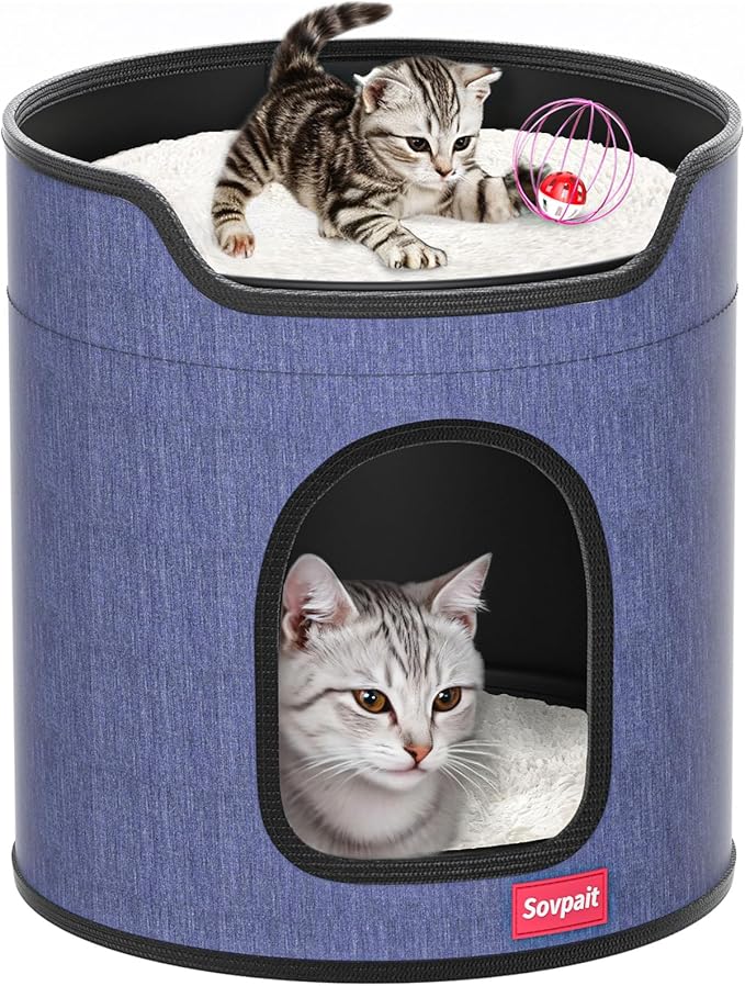 Cat Beds for Indoor Cats,Large Luxury Double Cat Beds with Cat Scratcher Pad Toys w/Catnip,Soft Washable Cushion Cat House Shelter D15xH15 in Grey (Blue, Metal Cage Balls+5mm Pad)