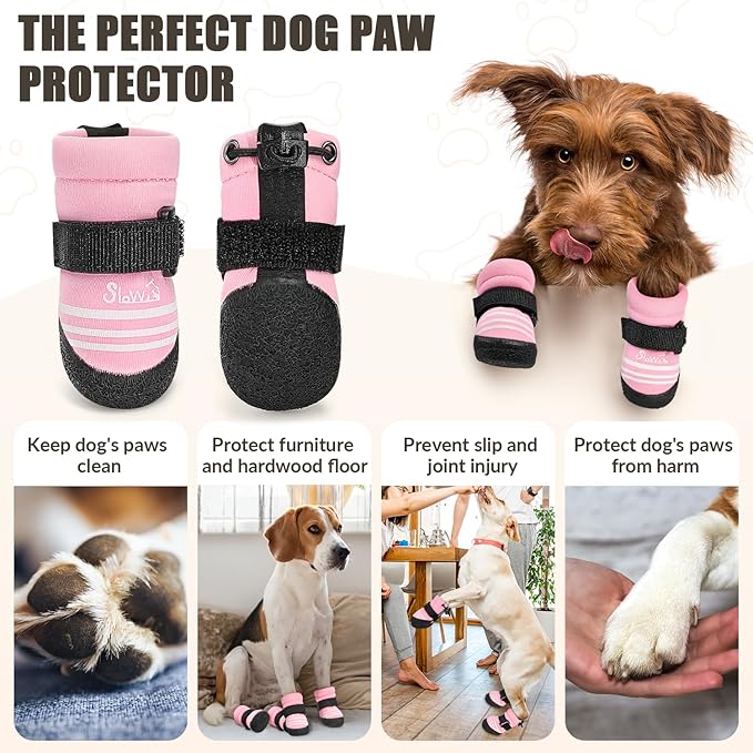 SlowTon Dog Shoes for Medium Large Dogs - Water Resistant Anti-Slip Dog Boots for Hot Pavement Rain Snow,Reflective Dog Paw Protectors for Outdoor Walking, Indoor Hardfloors(Pink,3)