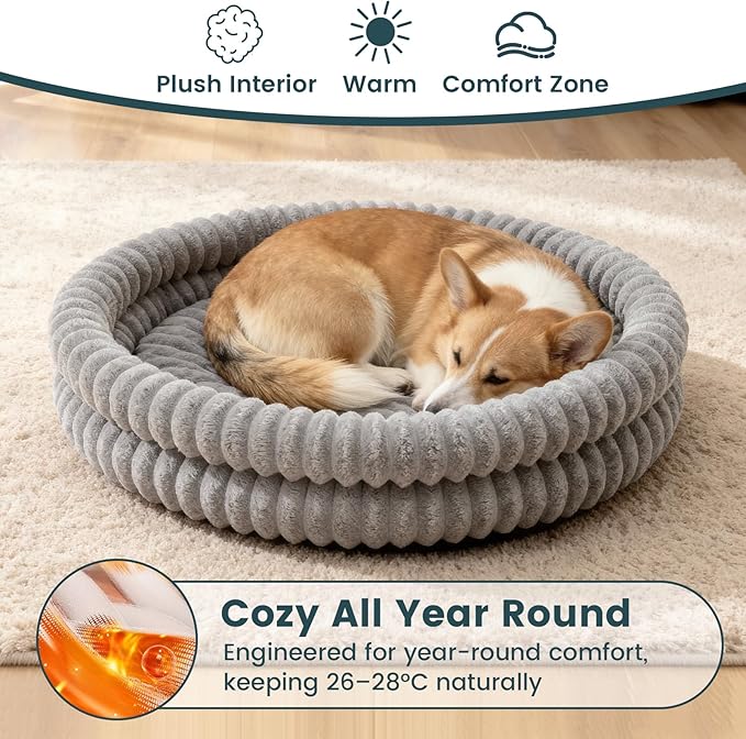 Dog Bed Medium Size Dog, Machine Washable Orthopedic Donut Cat Beds for Indoor Cats, Fluffy Round Pet Bed with Anti-Slip Bottom for Puppy and Kitten, Gray, 28"x28"x5"