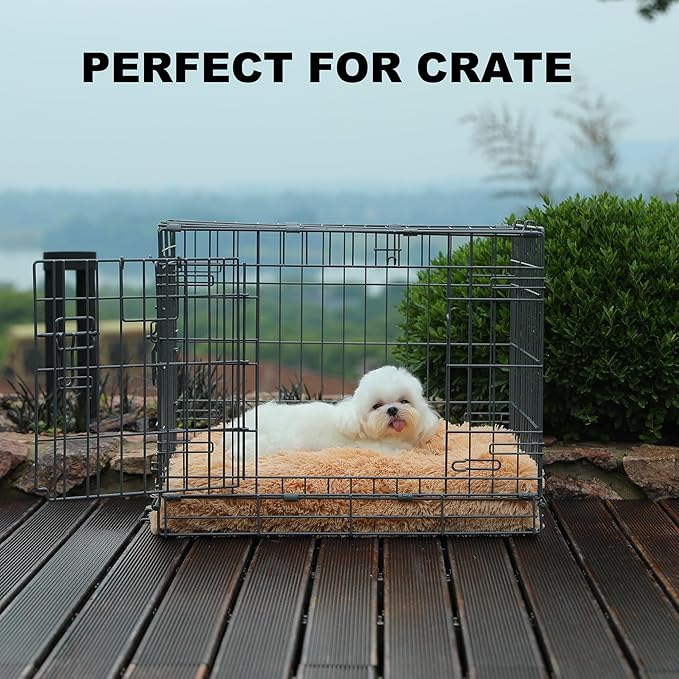 Bedfolks Plush Waterproof Dog Crate Bed, Removable Washable Cover, Faux Fur, Fluffy Kennel Bed 17"x12", Camel