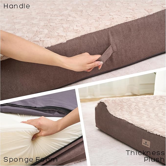 Jumbo Orthopedic Dog Bed - 7-inch Thick Memory Foam Pet Bed with Pillow Removable Cover Free Waterproof Liner - for Large Dogs (Khaki (Textured Plush), 50''L x 34''W x 10''Th I Extra Large)