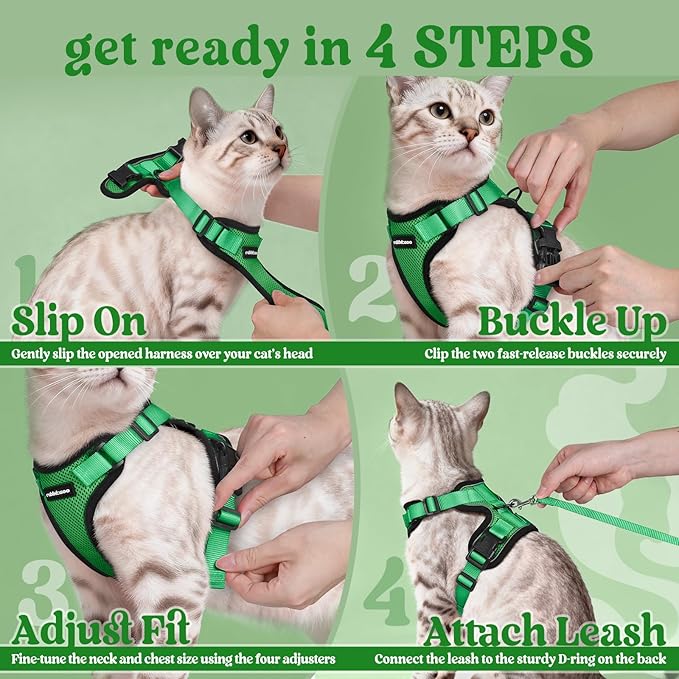 rabbitgoo Cat Harness and Leash for Walking, Escape Proof Soft Adjustable Vest Harnesses for Cats, Easy Control Breathable Reflective Strips Jacket, Grass Green, XS