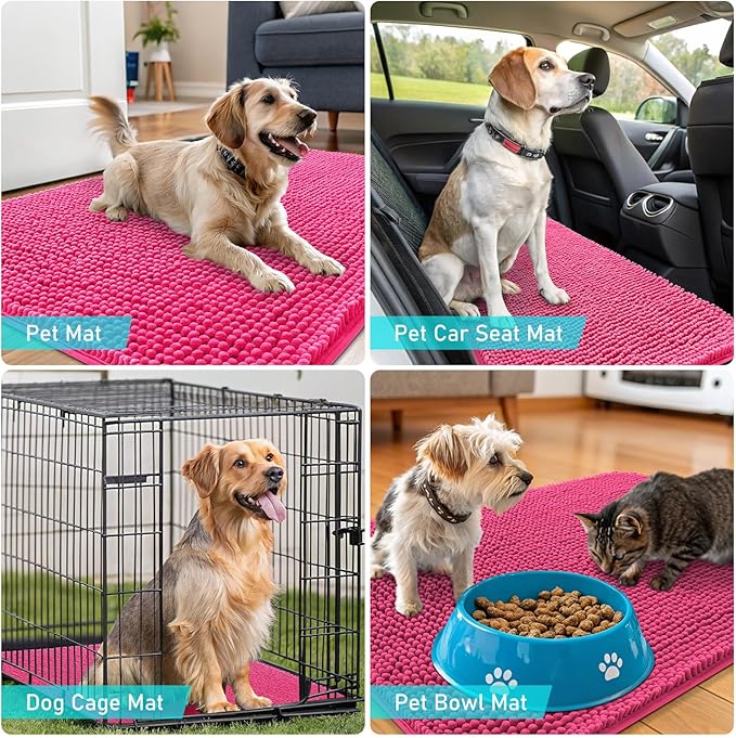 OLANLY Dog Door Mat for Muddy Paws 36x24, Absorbs Moisture and Dirt, Absorbent Non-Slip Washable Doormat, Quick Dry Chenille Mud Mat for Dogs, Entry Indoor Entryway Carpet for Inside Floor, Hot Pink