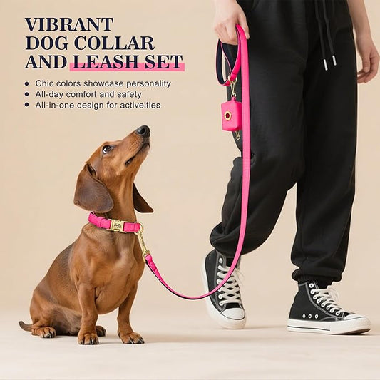 PET ARTIST Personalized Dog Collars, Colorful Pink Custom Dog Collar with Silent Engraved ID Tag, Lightweight Breathable Nylon & Soft Padded, Matching Leash & Poop Bag for Medium Dogs,M Fit 13-20"