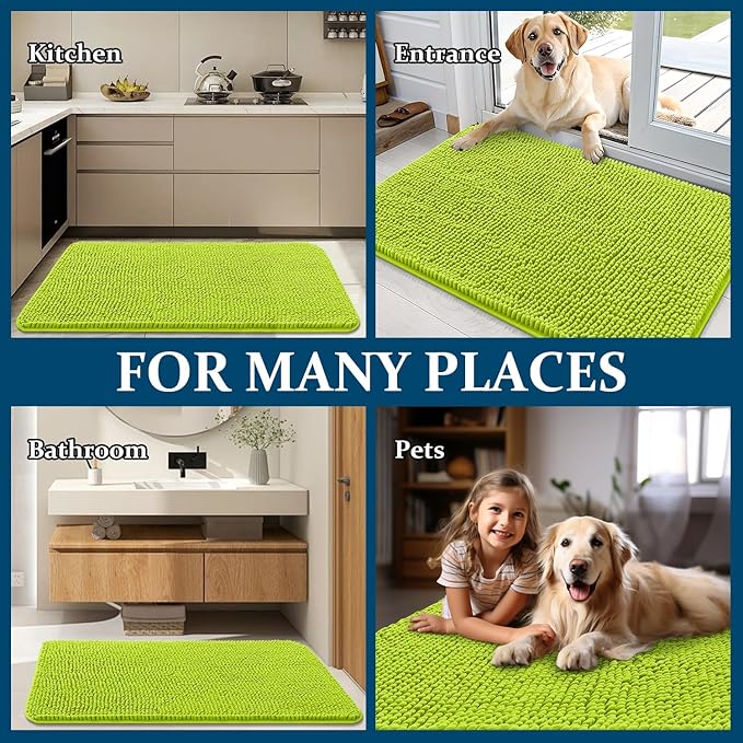 OLANLY Dog Door Mat for Muddy Paws 24x16, Absorbs Moisture and Dirt, Absorbent Non-Slip Washable Doormat, Quick Dry Chenille Mud Mat, Entry Indoor Entryway Carpet for Inside Floor, Bright Green