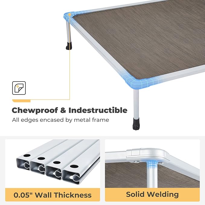 Veehoo Chewproof Elevated Dog Bed - Cooling Raised Pet Cot, Breathable Mesh, Washable & Non-Slip for Large Dogs, Indoor/Outdoor, Brown Mat and Silver Metal Frame, 42x30inches (Model CWC2203B03)