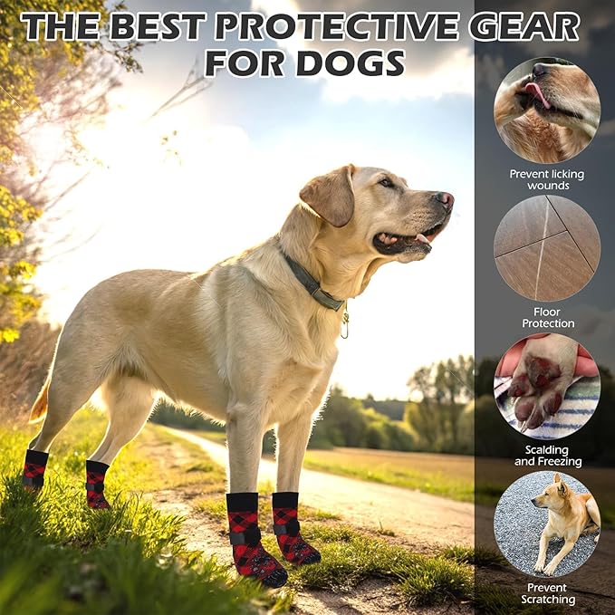 EXPAWLORER Dog Socks for Cold Winter Snow to Prevent Licking Paws, Anti Slip Doggie Booties Grippy Shoes for Hardwood Floors, Boots & Paw Protectors for Small Medium Large Senior Dogs Red Black S