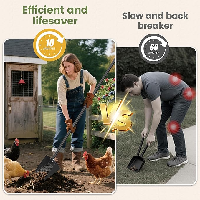 Alloy Steel Chicken Poop Scooper for Sand - 10” Large Chicken Coop Scoop - Simplified Cleaning 40-67” Poop Scoop with Adjustable Handle