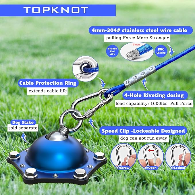 TOPKNOT 2 Pack Dog Tie Out Cable(up to150 lbs),30 ft Dog Leads for Yard Heavy Duty,with 4 ft Leash and Versatile Handle