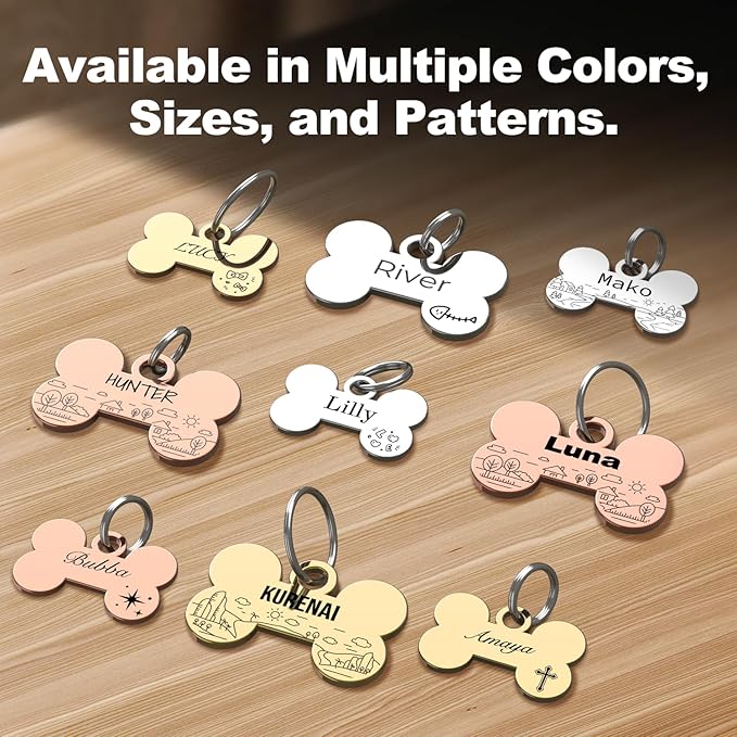 Custom Pet ID Tag - Laser Engraved Both Sides, Polished Stainless Steel, Smooth-Edged Bone Shape.