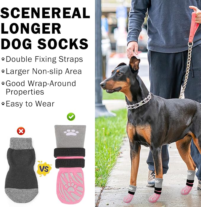 SCENEREAL Dog Socks to Prevent Licking Paws for Hot/Cold Pavement, Dog Boots & Paw Protectors for Small Medium Large Dogs, Senior Dog Grippy Socks Booties for Hardwood Floors Winter Outdoor, Pink L