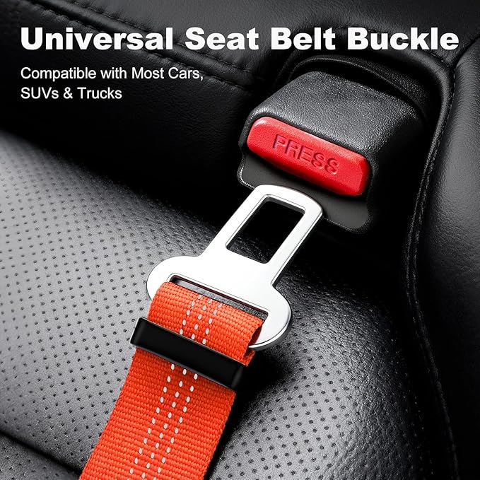 Dog Seat Belt for Car, Adjustable Dog Car Harness Seatbelt for Small Medium Large Dogs, Heavy Duty Travel Safety Restraint with Locking Aluminum Hook & Reflective Nylon Strap, Orange