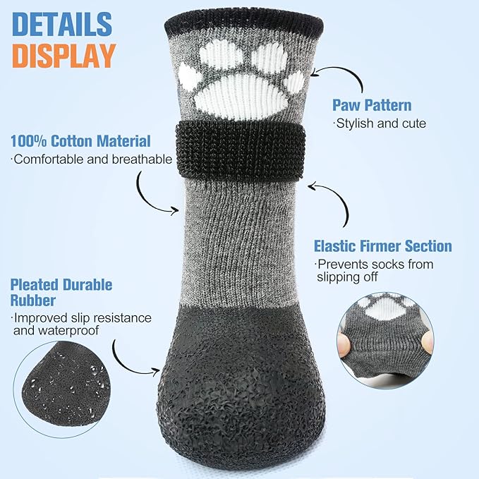 BEAUTYZOO Anti Slip Dog Socks Boots, Dog Shoes for Hot/Cold Pavement Snow Rain Days,Waterproof Grip Dog Booties Paw Protector for Hardwood Floor, Prevent Licking for Small Medium Large Senior Old Dogs
