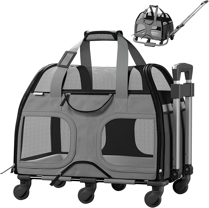 Rolling Pet Carrier with Removable 6 Wheels & Double Telescopic Handle Soft Sided for Airline Approved Dog & Cat Carrier Bag (Grey/Black)