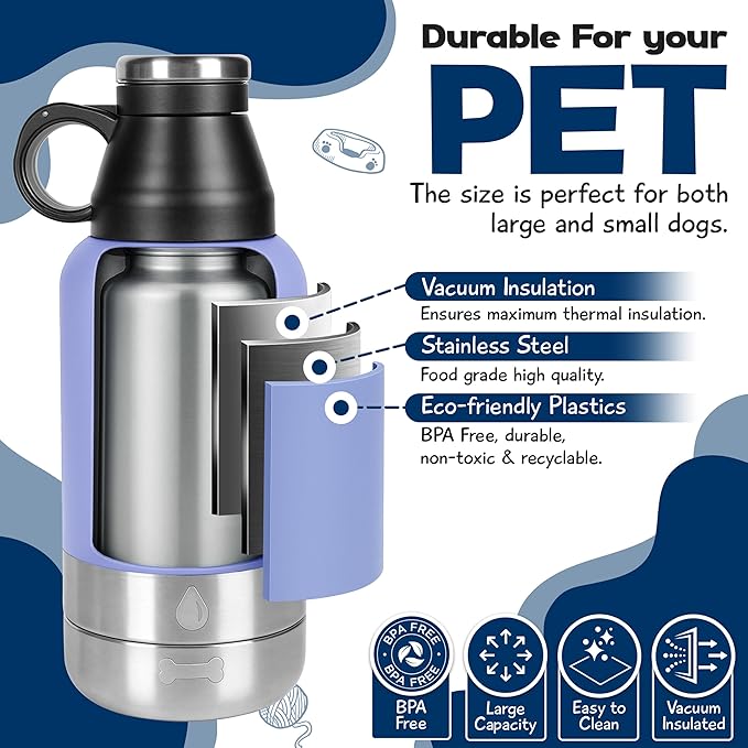WRTZ Portable Dog Water Bottle with 2 Removable Water Bowls for Dogs – Leak-Proof Insulated Stainless Steel Dog Water Bottle – Travel Accessories for Dogs - 32oz - Lavender