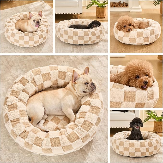 Dog Calming Beds for Small Medium Large Dogs - Round Donut Washable Puppy Dog Bed, Anti-Slip Faux Fur Fluffy Donut Cuddle Anxiety Cat Pet Bed (28" Grid)