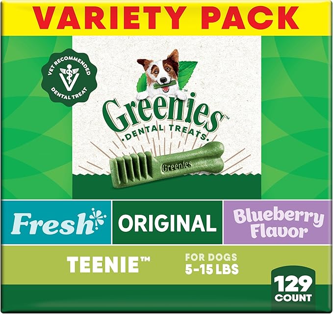 Greenies Veterinarian-Recommended Adult Natural Dental Dog Treats Teenie Size, Fresh Flavor, Original Flavor, and Blueberry Flavor, (3) 12 oz. Packs, 129 Count