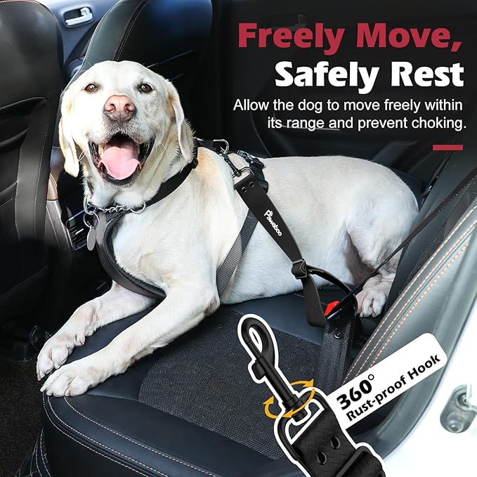 Pawaboo Dog Car Seatbelt, Universal Pet Safety Belt, Chew-Proof Dog Car Restraint with Adjustable Strap, Nylon Woven Belt & PVC Shell Dog Seatbelt, Dog Leash with 360° Hook,20 in, 2 Pack, Black