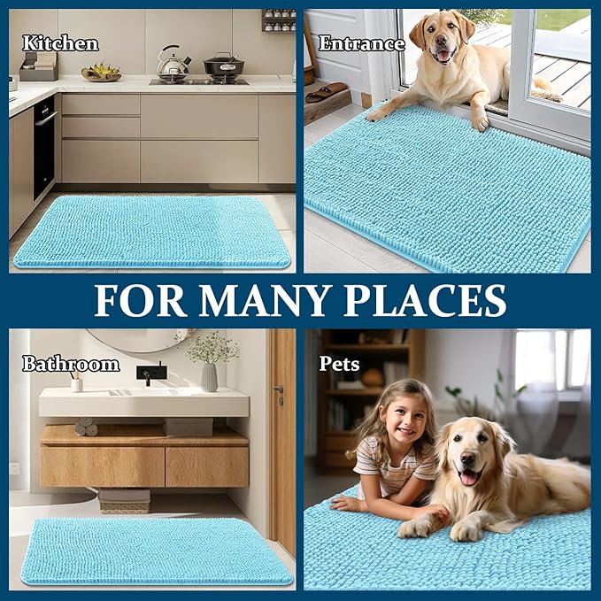 OLANLY Dog Door Mat for Muddy Paws 30x20, Absorbs Moisture and Dirt, Absorbent Non-Slip Washable Doormat, Quick Dry Chenille Mud Mat for Dogs, Entry Indoor Entryway Carpet for Inside Floor, Blue