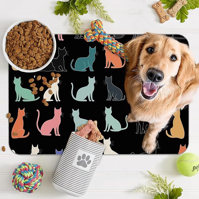 Cute Cat Dog Food Mat,Colorful Silhouette Absorbent Pet Feeding Mat with Rubber Backing,Non-Slip Water Bowl Placemat,Indoor Pet Accessories Supplies 16"x24"