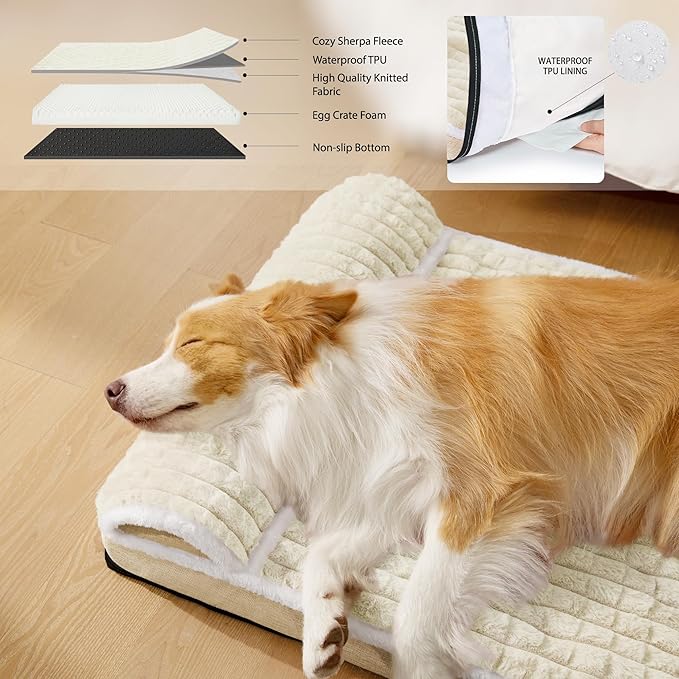 Orthopedic Jumbo Dog Bed Large Sized Dog with Pillow 56''X40'' Waterproof Soft Comfortable Egg Crate Foam Pet Crate Beds Mat with Removable Washable Cover and Non-Slip Bottom, Cream