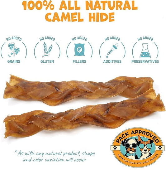 Pack Approved 6" Braided Camel Sticks - Long Lasting Dog Chews for Aggressive Chewers - Rawhide Alternative, Grain Free, One Ingredient Treats - Great for Dog Dental Care - (10 Pack)