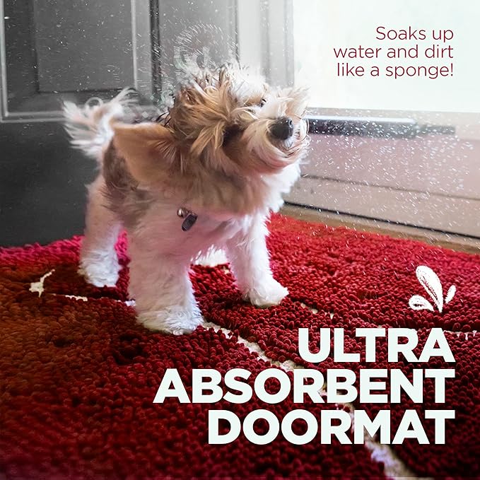 Soggy Doggy Doormat with Bone Design - Ultra Absorbent Microfiber Chenille Wet Dog Mat for Muddy Paws - Non-Slip and Machine Washable (Cranberry/Oatmeal Bone, Extra-Large 36” x 60”)
