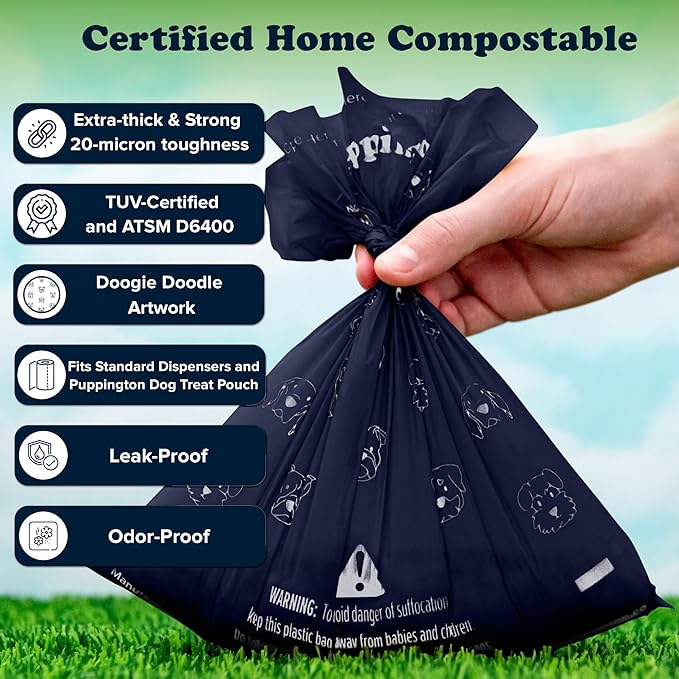 Puppington Certified Home Compostable Poop Bags - ASTM D6400 Compliant - 270 Extra Thick Bags - Plant Based - Pairs with Puppington 3-in-1 Bag & Fits all Standard Poop Bag Dispensers (Navy Blue)