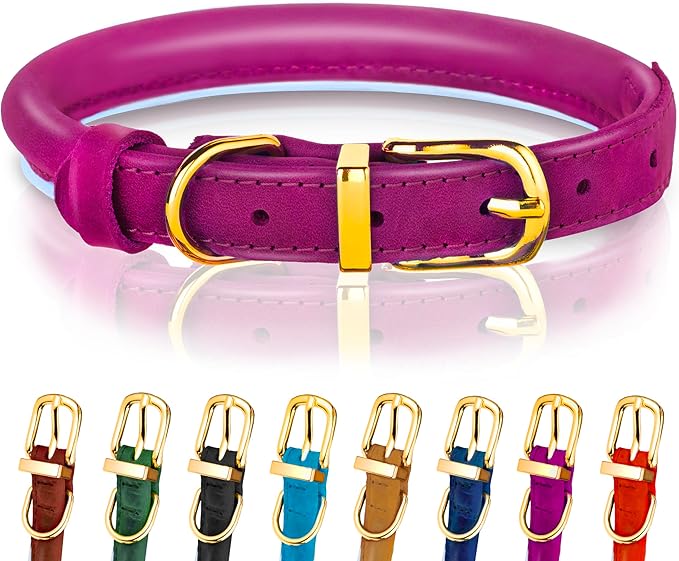 OOPSDOGGY Reflective Rolled Leather Dog Collar Adjustable Soft Padded Pet Collar for Small Medium Large Breed Dogs (Pink, S, 10"-13")